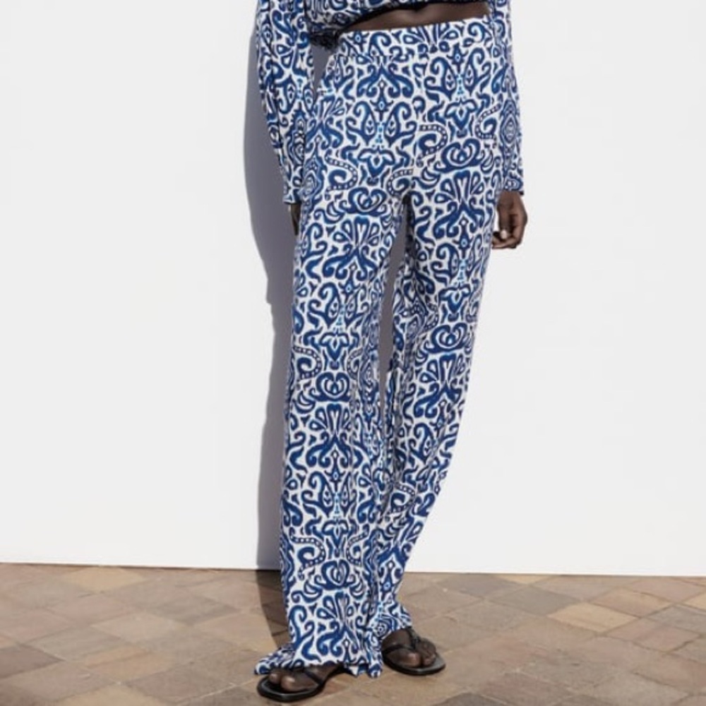 Zara Blue Printed Wide Leg Pants